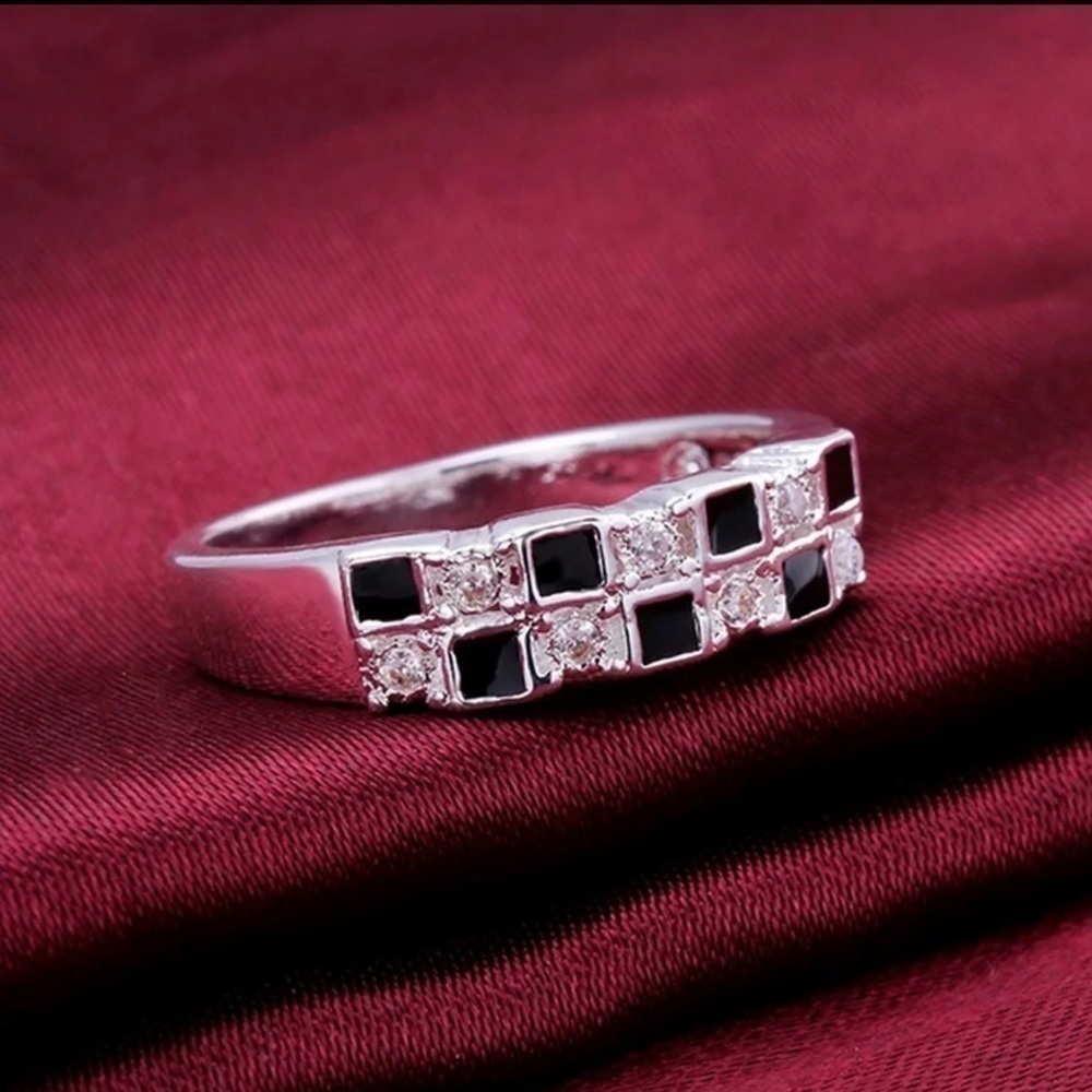 3 For 35 Sterling Silver Plated Black Enamel White Diamond Checkered Ring 19$